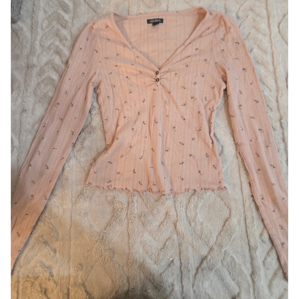 Wild Fable Pink Floral Pointelle Knit Henley‎ Long Sleeve Top Small Lettuce Edge